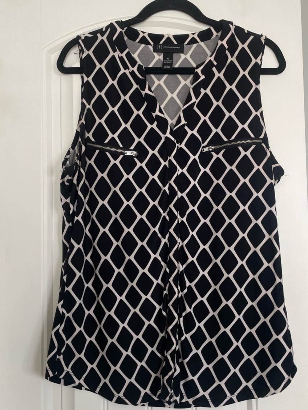 INC Intl Concepts XL Harlequin Zip Pocket Blouse Black White
